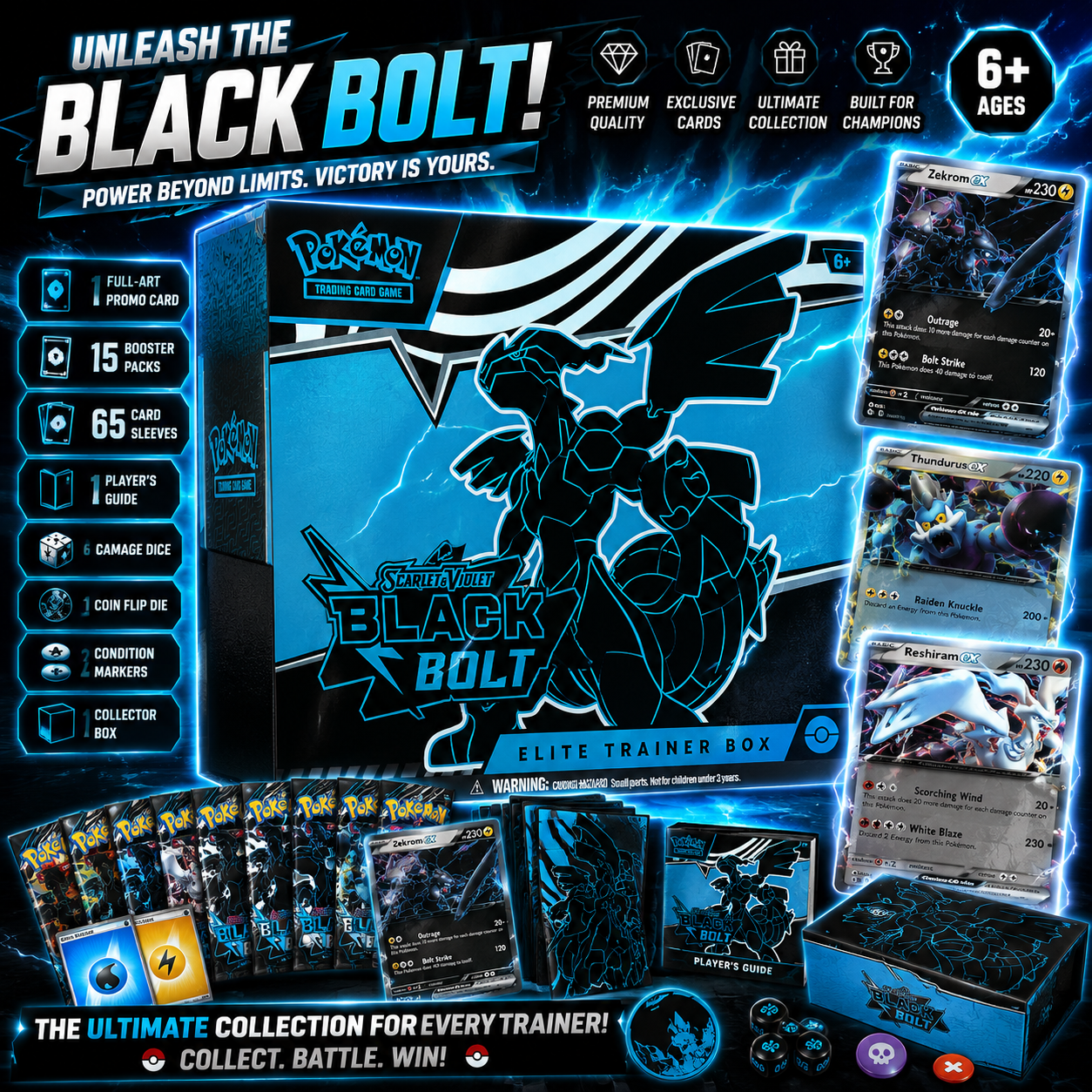 Pokémon TCG Scarlet & Violet: Black Bolt Elite Trainer Box – Zekrom Edition | 9 Booster Packs + Full-Art Promo