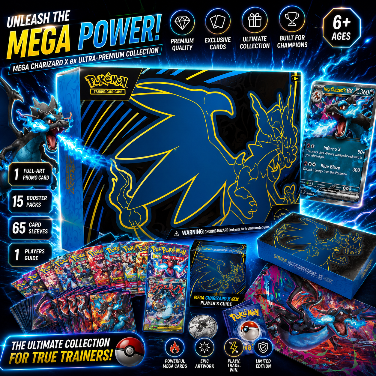 Pokémon TCG Mega Charizard X ex Ultra-Premium Collection – 18 Booster Packs + Exclusive Foil Cards